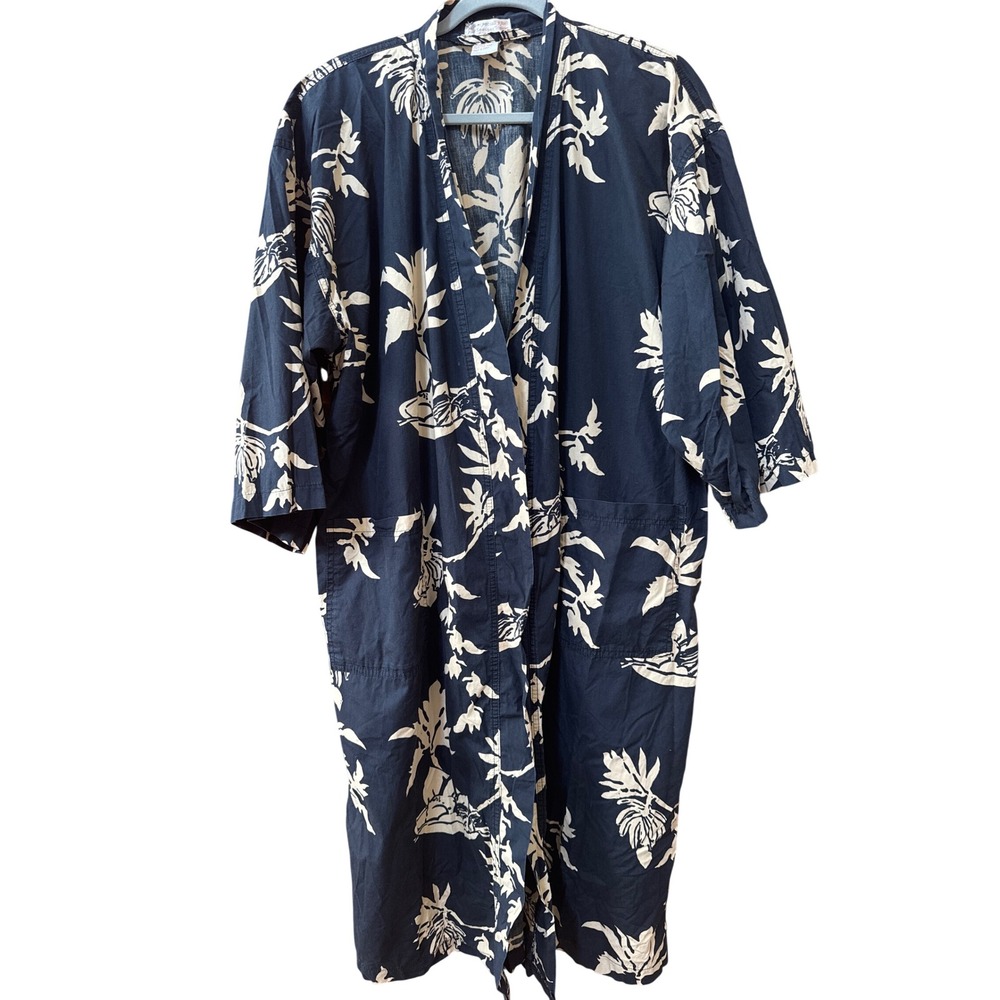 Four Seasons Resort Hualalai Cotton Robe Black Cream Tropical Floral Kimono L